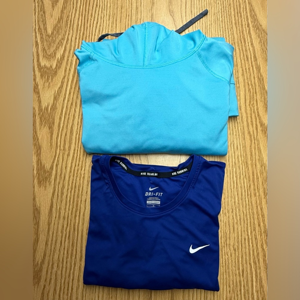 Nike Pro Dri-Fit Teal Blue Fleece Hood and Royal Blue Long sleeve Top combo